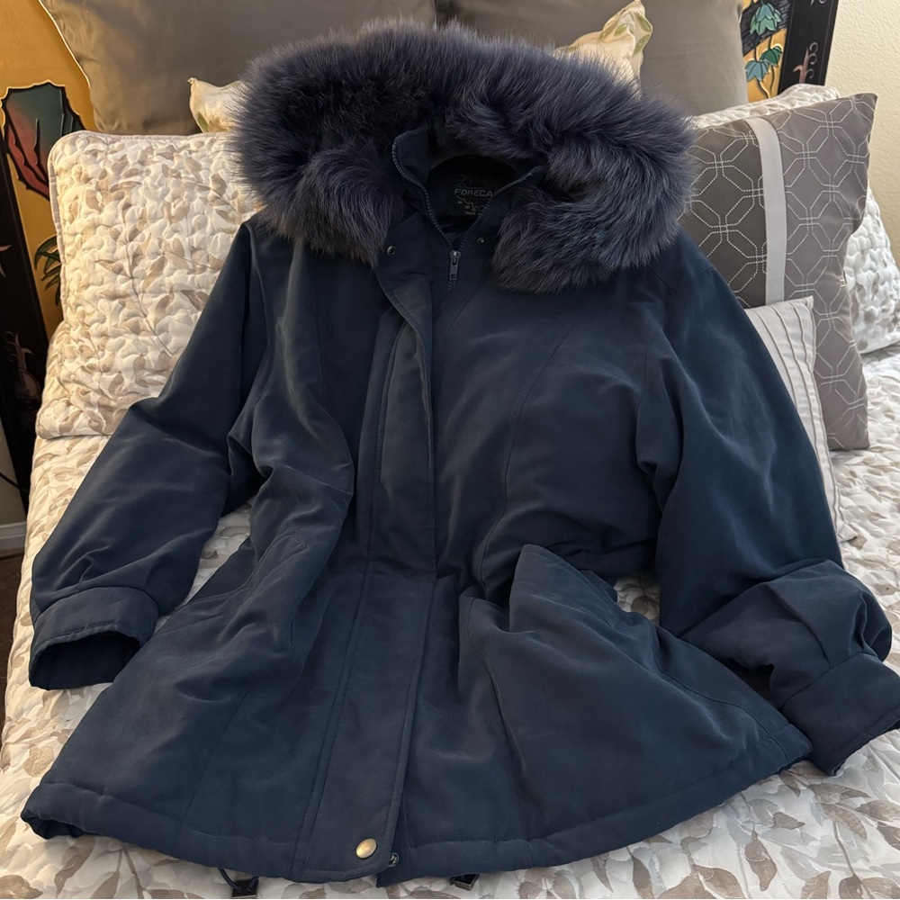 Navy Blue Fur-Trimmed Coat